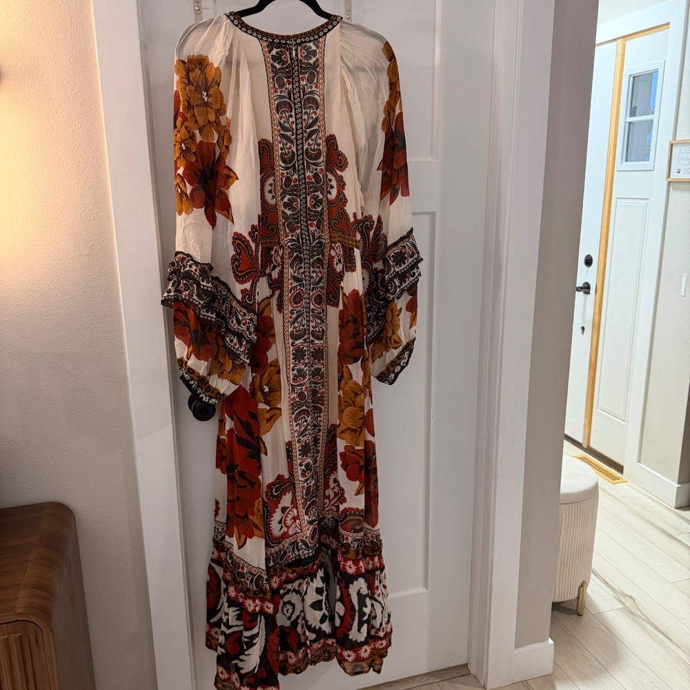 Farm Rio Sand Winter Tapestry V Neck Maxi Dress L Floral Ruffle Boho Fall - Picture 3 of 10